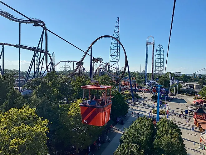 A scenic chairlift passes between the many major roller coasters of Cedar Point. Image credit: Andrew Douglas