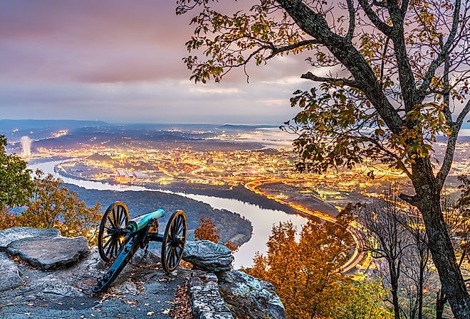 Chattanooga, Tennessee, view from Lookout Mountain at twilight in the fall.