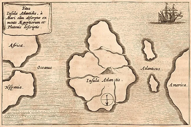 Kircher's map of Atlantis, oriented with south at the top, from Mundus Subterraneus. Athanasius Kircher, Public domain / Via Wikimedia Commons.