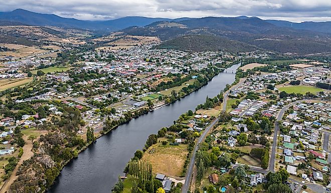 River Derwent flowing through New Norfolk, Tasmania.