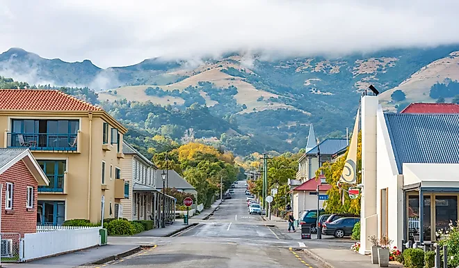 Coast and French Village in Akaroa, New Zealand. 