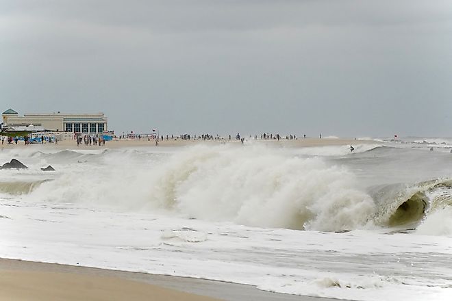 Rough seas, rip currents and high winds caused by Hurricane Erin batter and flood Cape May's iconic Atlantic coast beaches, Editorial credit: George Wirt / Shutterstock.com