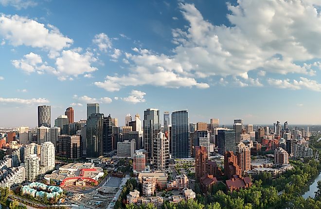 Panoramic aerial view of Calgary at sunset, Alberta - Canada.