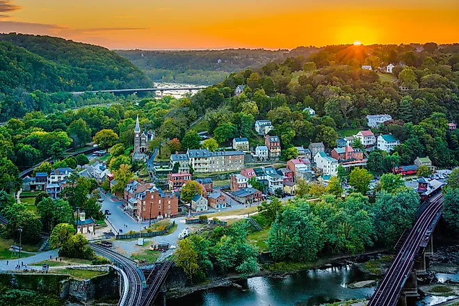 Aerial view of Harpers Ferry, West Virginia, at the confluence of the Potomac and Shenandoah rivers, where Jefferson County meets counties in Maryland and Virginia.