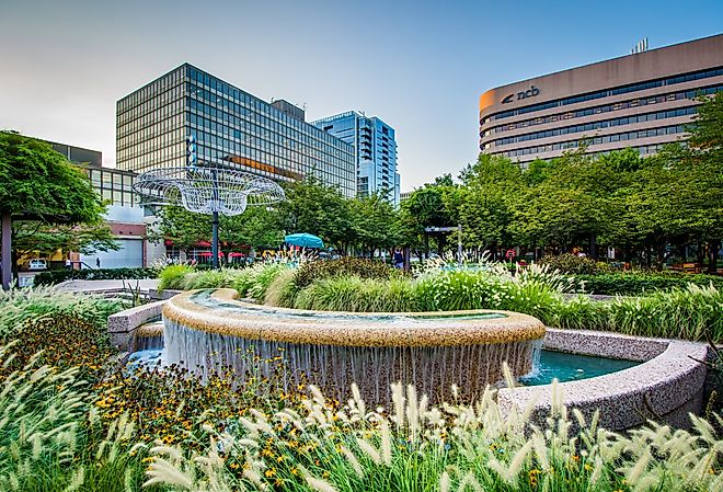 Fountains and modern buildings in Crystal City, Arlington, Virginia