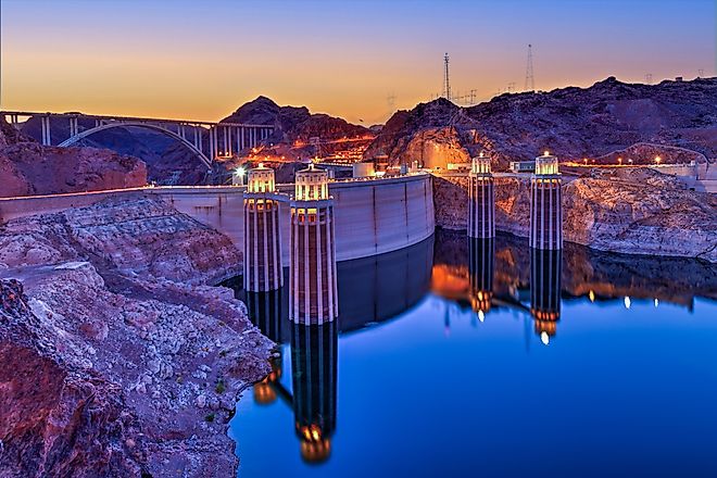 Hoover Dam calm water at sunset