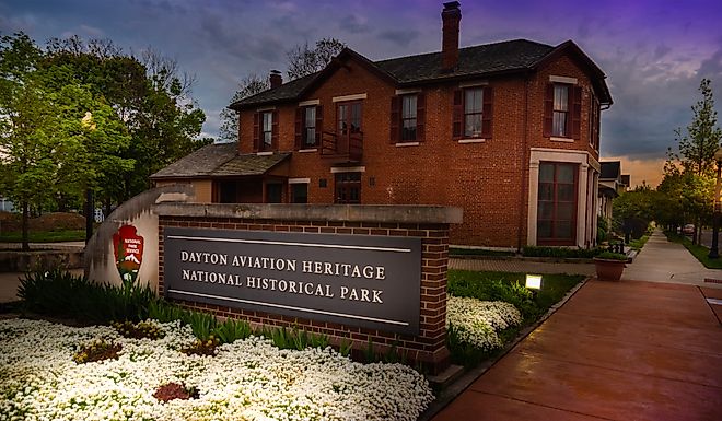 Sunsets behind the Dayton Aviation Heritage National Historical Park. Editorial credit: RozenskiP / Shutterstock.com