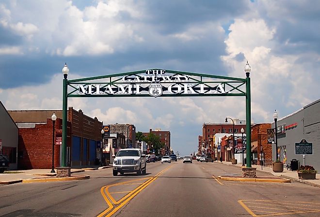 Route 66 entrance to the town of Miami, Oklahoma. Image credit duckeesue via Shutterstock