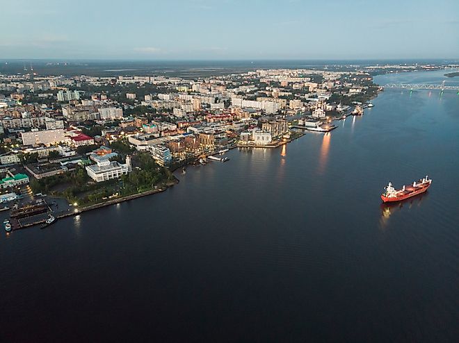 The city of Arkhangelsk along the shores of the Dvina Bay.