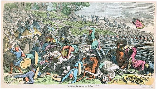 Greek phalanx against Achaemenid troops. Image credit: Wikimedia Commons (Public domain).