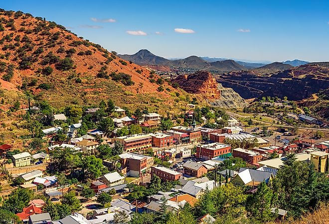 Town of Bisbee with surrounding Mule Mountains in Arizona.