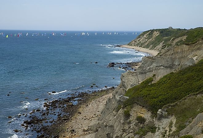 Block Island regatta on Block Island Sound with sail boats racing around Block Island.