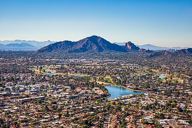 Above Scottsdale, Arizona looking SW towards Camelback Mountain and downtown Phoenix