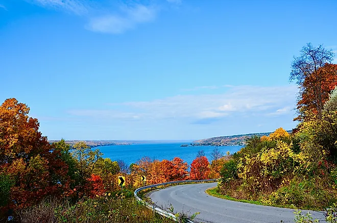 Fantastic lakeshore scenery in autumn season. Overlooking Cayuga Lake, the longest of central New York's glacial Finger Lakes, and the second largest in surface area and volume.