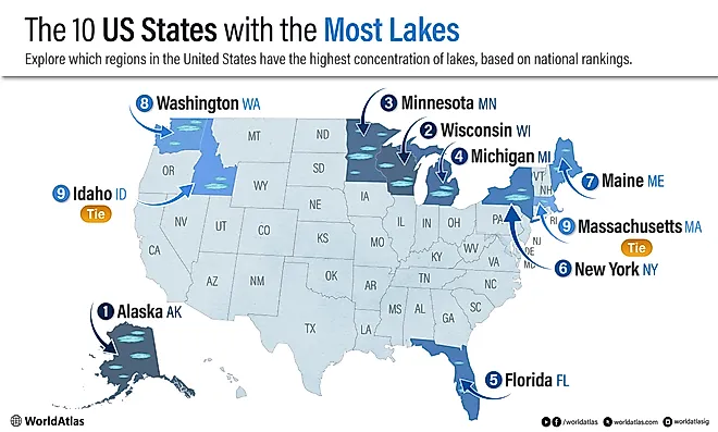 infographic showing the 10 US States With The Most Lakes