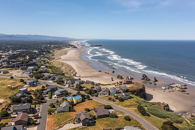 Aerial view of homes on the bluff in Bandon, Oregon