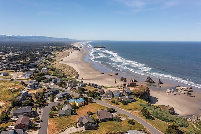 Aerial view of homes on the bluff in Bandon, Oregon