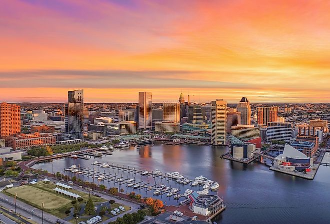 Aerial view of Baltimore skyline at sunrise. Image credit Kevin Ruck via Shutterstock.