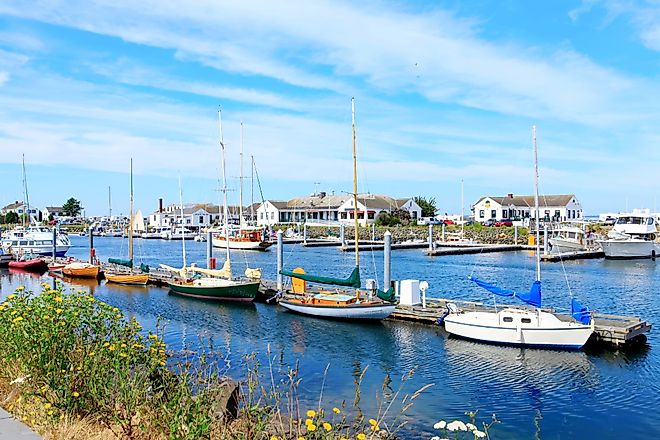 Downtown marina with boats and historical buildings in Port Townsend, Washington.