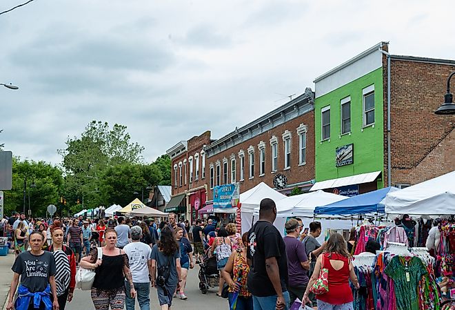 Downtown public street fair in Yellow Springs, Ohio. Image credit Adam Lovelace via Shutterstock
