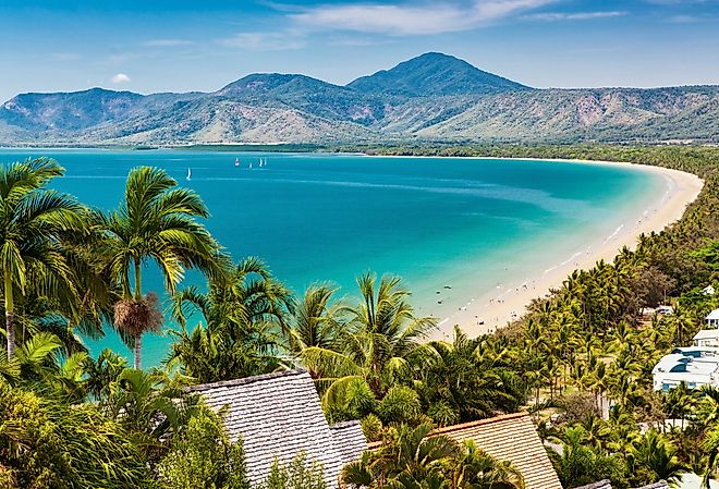 Port Douglas beach and ocean on sunny day, Queensland, Australia. Part of the Great Barrier Reef Drive.