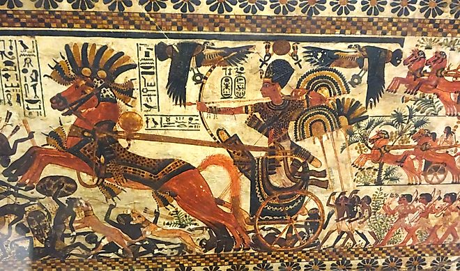 Tutankhamun charging enemies on his chariot, 18th dynasty.