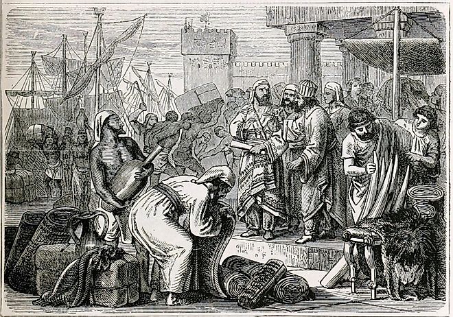 19th-century depiction of Phoenician sailors and merchants. Image credit Publisher New York Ward, Lock, Public domain, via Wikimedia Commons