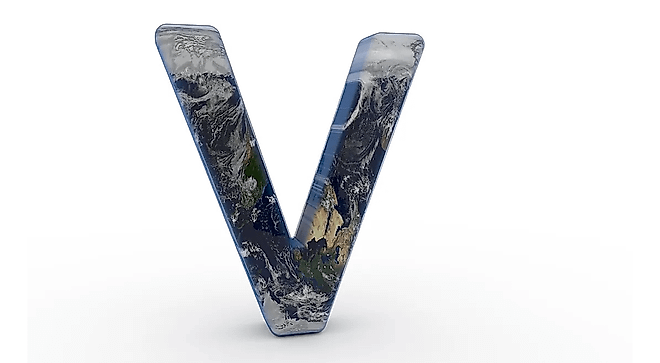 The Letter "V" decorated in the features of Planet Earth.