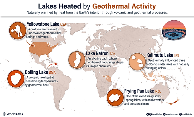 Infographic showing the locations and details of lakes heated by geothermal activity on the earth map.
