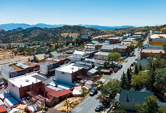Aerial scenic view of Victorian building on historic Main C street in downtown Virginia City.