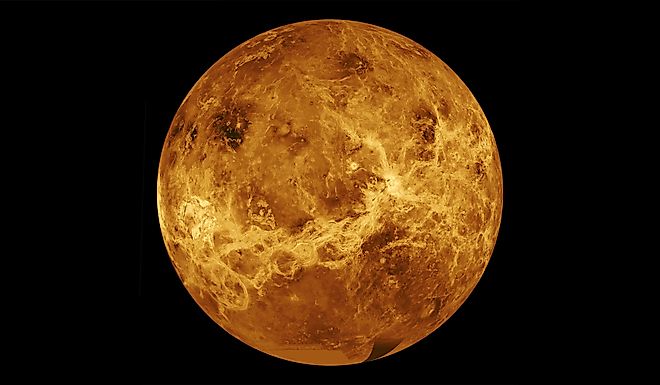 Spherical view of radar data of the surface of Venus, highlighting surface features (1989, Magellan). The colours do not represent the appearance of the surface in visible light. By NASA/JPL - http://photojournal.jpl.nasa.gov/catalog/PIA00104, Public Doma