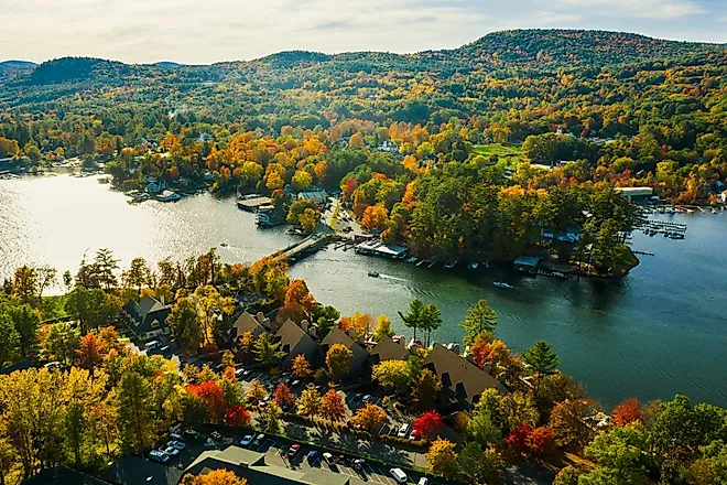 Lake George, New York, with fall foliage.