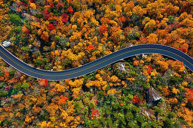 Top-down view of Blue Ridge Parkway mountains in North Carolina during Fall.