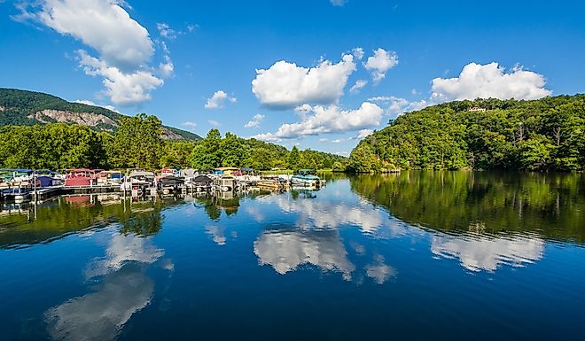 Docks along the water at Lake Lure, North Carolina.