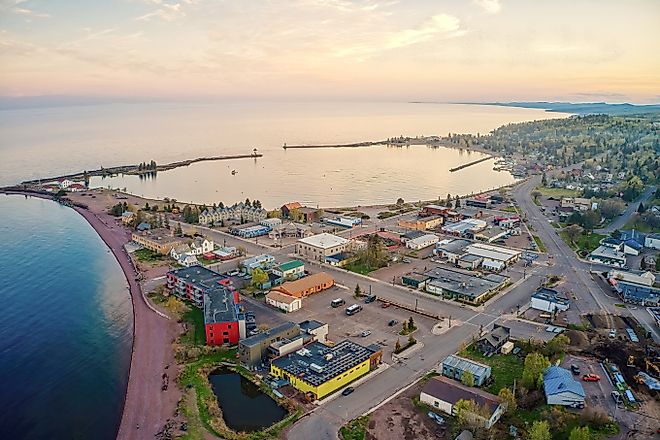 Aerial view of Grand Marais, Minnesota, at sunset.