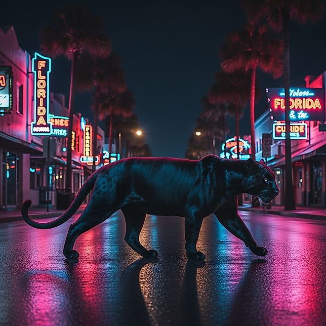 A depiction of a black panther walking the streets of Florida at night