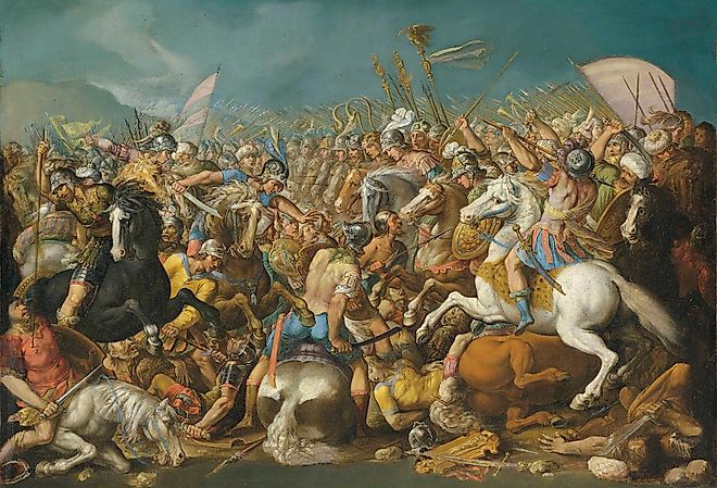 A classical battle scene depicting the Roman army during the Punic Wars, likely showing Scipio Africanus defeating Hannibal (c. 202 BCE).
