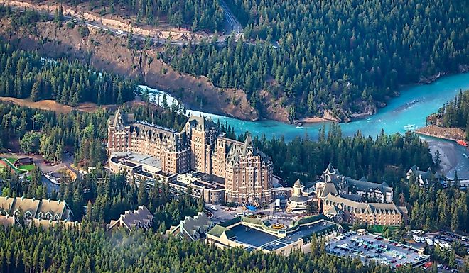 Iconic and Historic Fairmont Banff Springs in the town of Banff in the Canadian Rockies seen from the top of Sulphur Mountain.