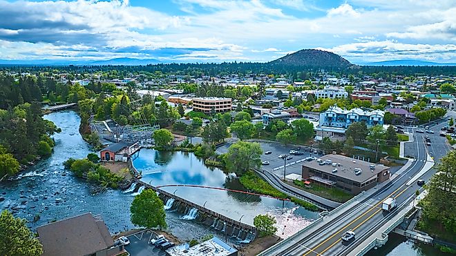 Aerial view of a riverfront community in Bend, Oregon. 