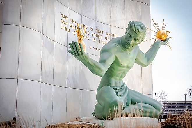 Iconic Spirit Of Detroit memorial statue. Located in downtown Detroit Michigan. Editorial credit: Jaclyne Ortiz / Shutterstock.com