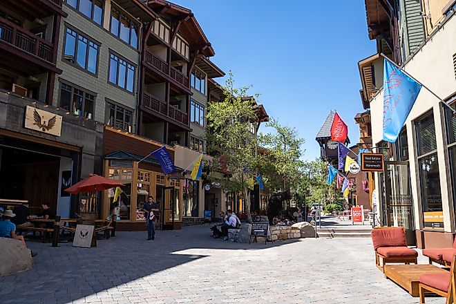 Mammoth Lakes, California - July 12, 2019: View of the Village at Mammoth Lakes, a pedestrain friendly shopping area with restaurants