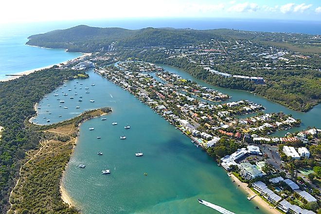 Aerial view of boats on the Noosa River in Noosa Heads, Queensland, Australia.