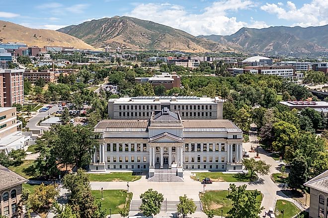 Aerial view Utah State University buildings in Logan, Utah.