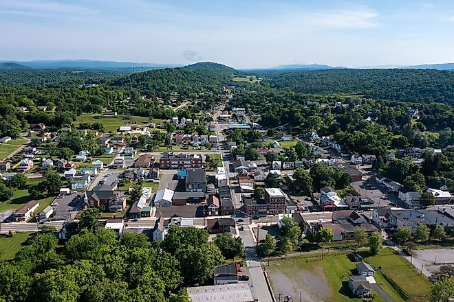 Aerial view of Hancock, Maryland and surrounding hills.