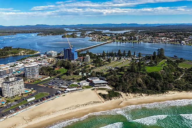 Aerial scene capturing Wallis lake and the township of Forster in NSW. 