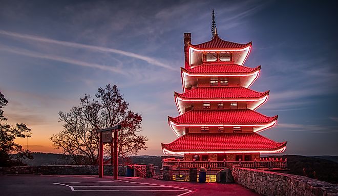 The Pagoda in Reading, PA lit up before dawn breaks in Berks County, PA.