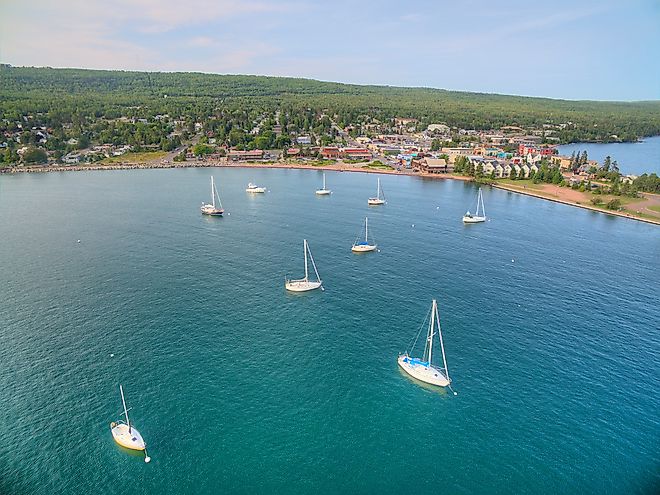 Boats on Lake Superior in Grand Marais, Minnesota.