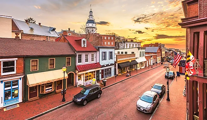 Downtown view of Main Street with the State House in Annapolis, Maryland.