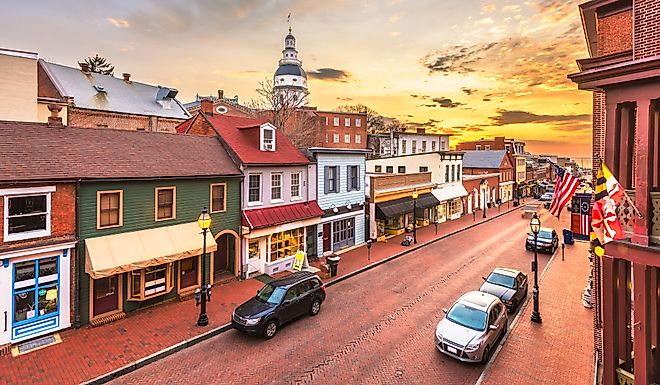 Downtown view of Main Street with the State House in Annapolis, Maryland.