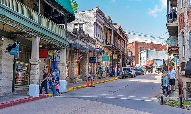 Beautiful street view downtown Eureka Springs, shop commerce destination area